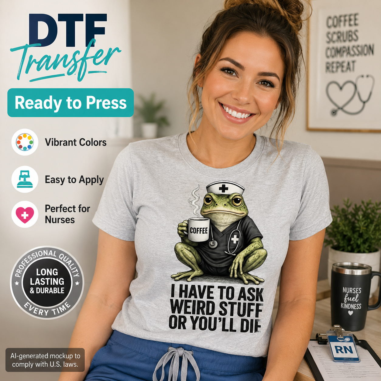 Woman wearing a gray T-shirt featuring a funny nurse frog holding a coffee mug with medical humor text.