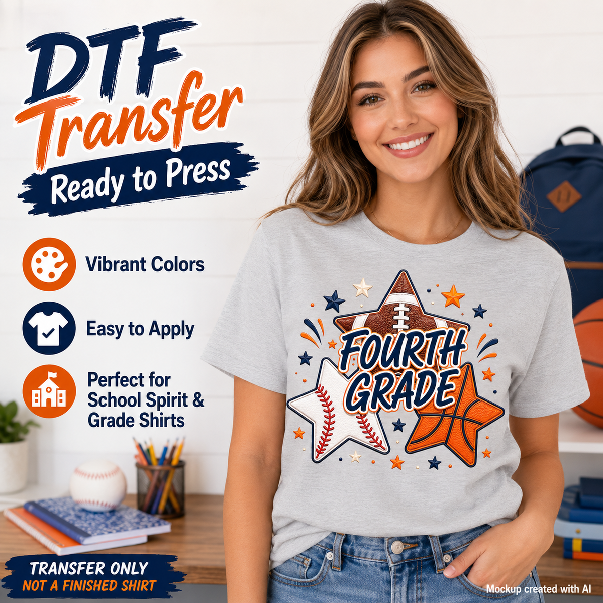 Woman wearing a gray T-shirt featuring a Fourth Grade school spirit design with football, baseball, basketball, and star graphics.