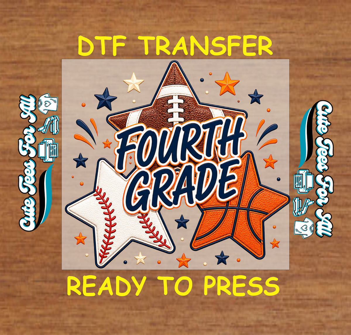 Fourth Grade DTF transfer featuring football, baseball, basketball, navy and orange stars, and bold school spirit lettering.