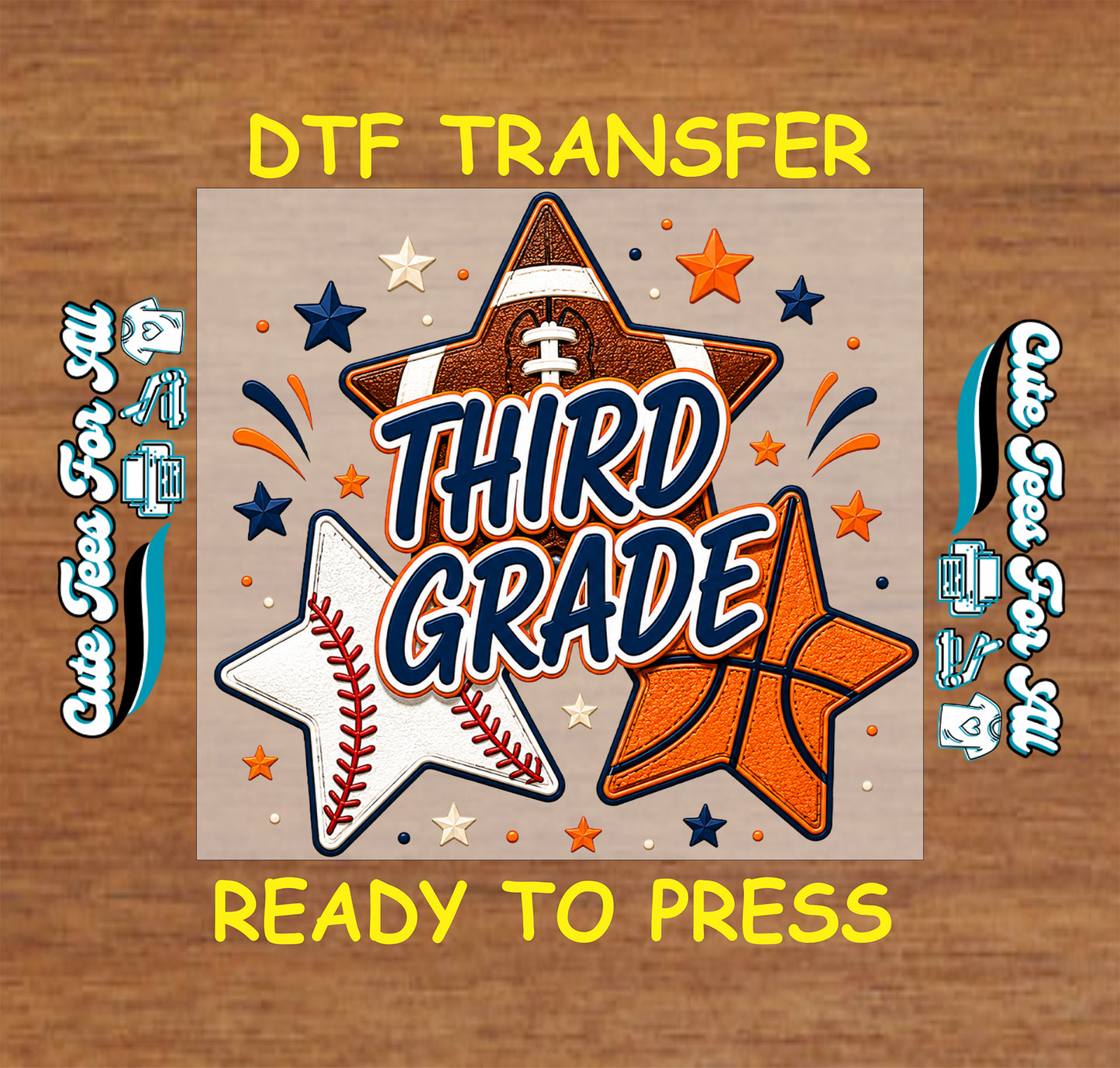 Woman wearing a gray T-shirt featuring a Third Grade school spirit design with football, baseball, basketball, and star graphics.