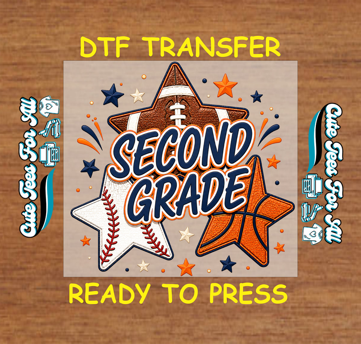 Second Grade DTF transfer featuring football, baseball, basketball, navy and orange stars, and bold school spirit lettering.
