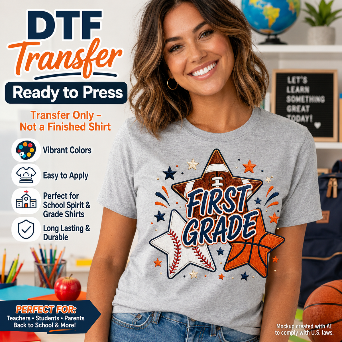 Woman wearing a gray T-shirt featuring a First Grade school spirit design with football, baseball, basketball, navy stars, and orange accents.
