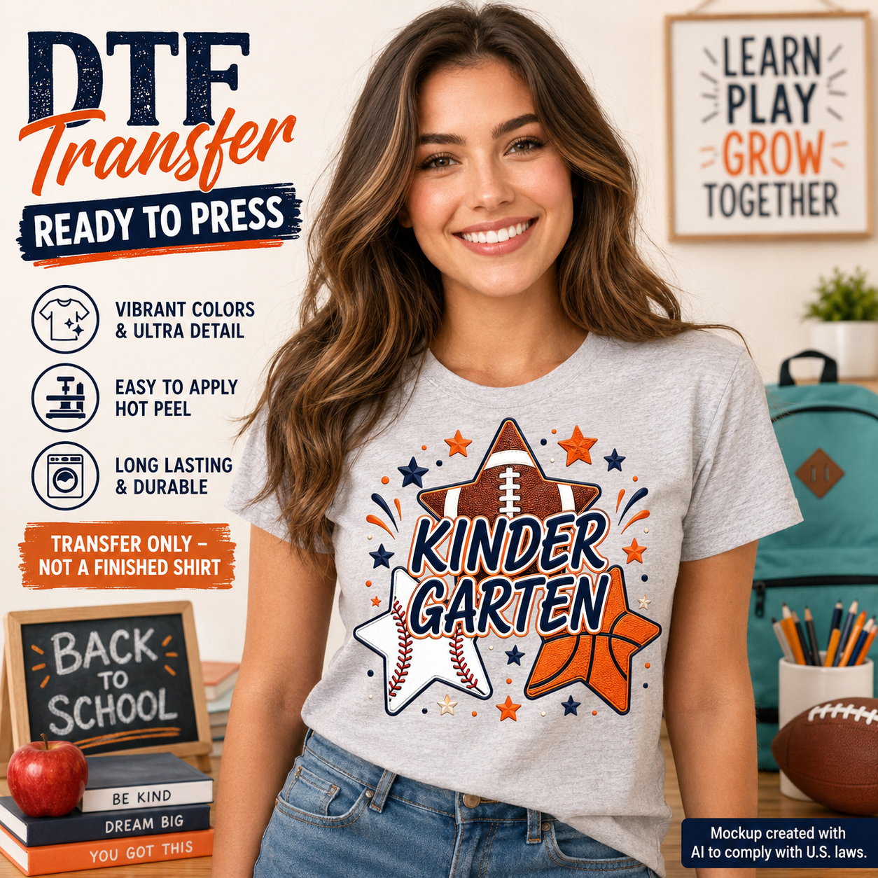 Woman wearing a gray T-shirt featuring a Kindergarten school spirit design with football, baseball, basketball, navy stars, and orange accents.