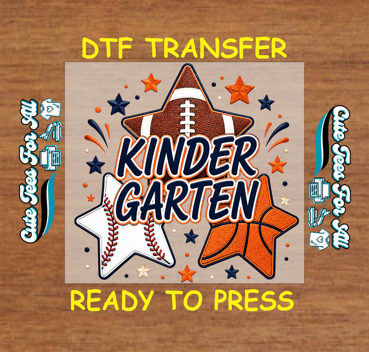 Kindergarten DTF transfer featuring football, baseball, basketball, navy and orange stars, and bold school spirit lettering.