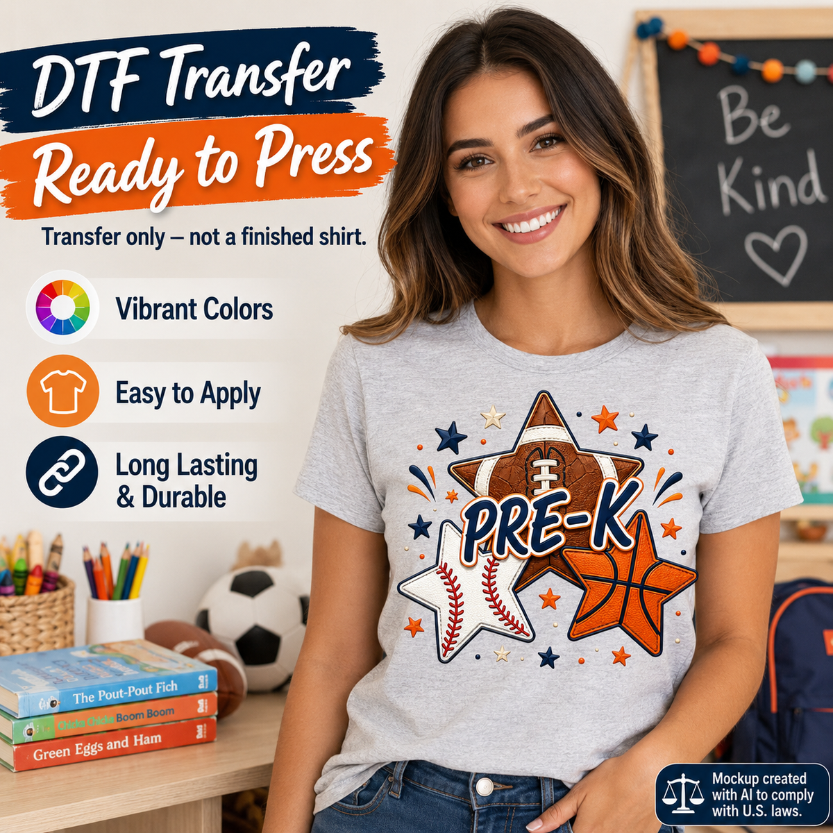 Woman wearing a gray T-shirt featuring a Pre-K school spirit design with football, baseball, basketball, navy stars, and orange accents.