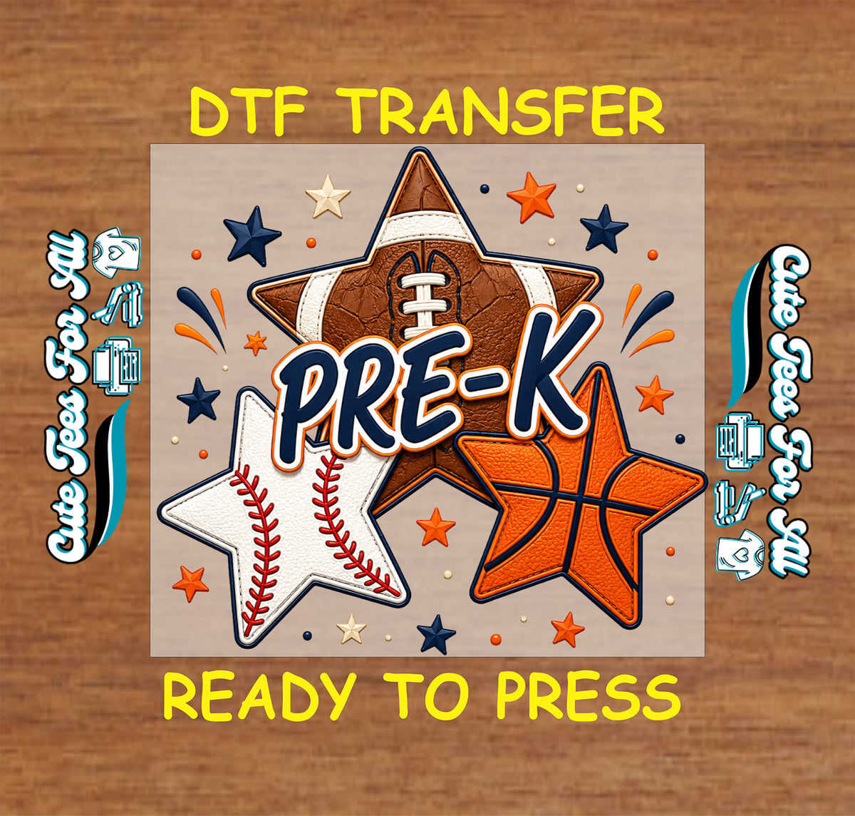 Pre-K DTF transfer featuring football, baseball, basketball, navy and orange stars, and bold school spirit lettering.