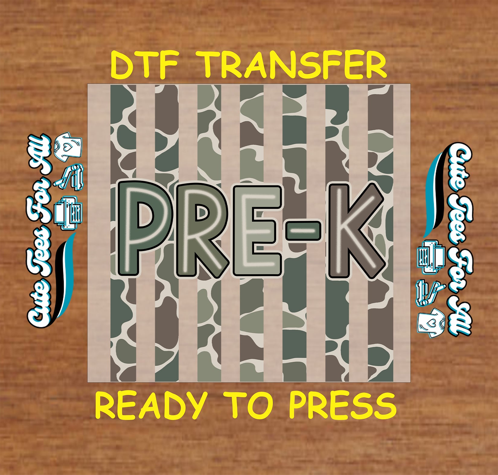 Pre-K DTF transfer featuring bold PRE-K lettering over green and gray camouflage vertical stripes for preschool shirts.