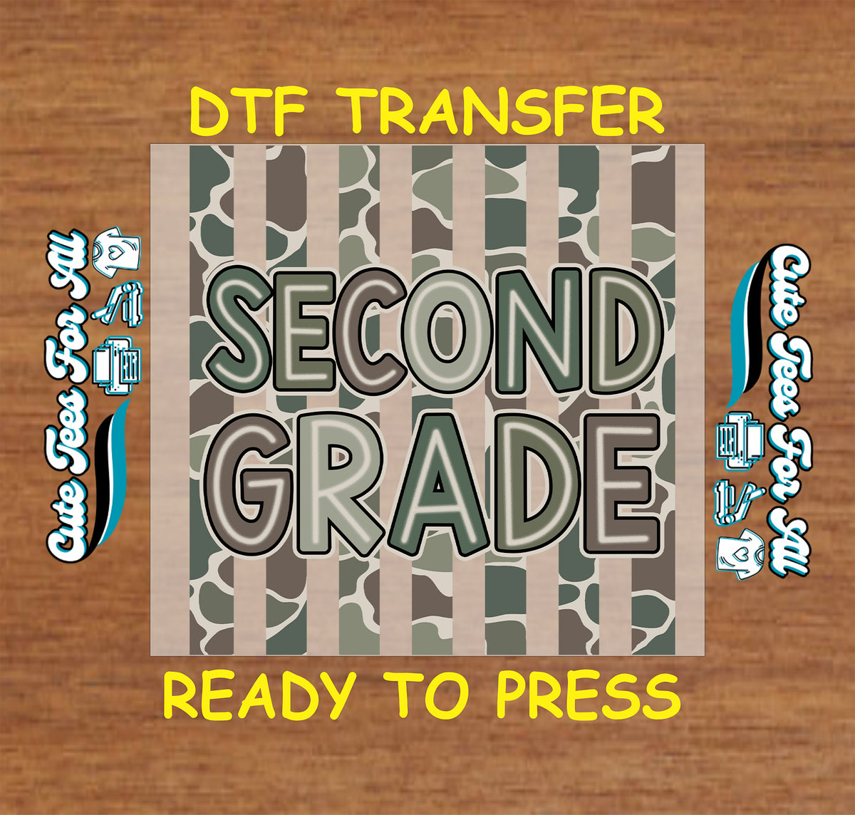 Second Grade DTF transfer featuring bold Second Grade lettering over neutral green, gray, and brown camouflage vertical stripes.