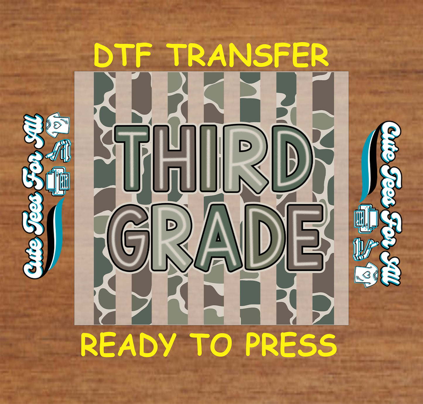 Third Grade DTF transfer featuring bold Third Grade lettering over neutral green, gray, and brown camouflage vertical stripes.