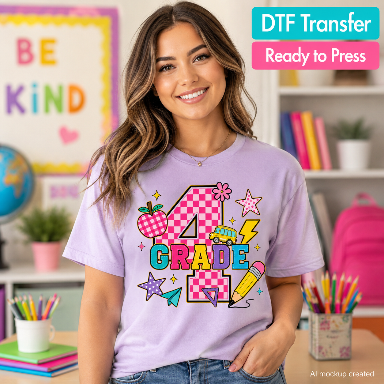 Woman wearing a lavender T-shirt featuring a colorful Fourth Grade design with a pink checkered number 4, school bus, apple, pencil, and stars.