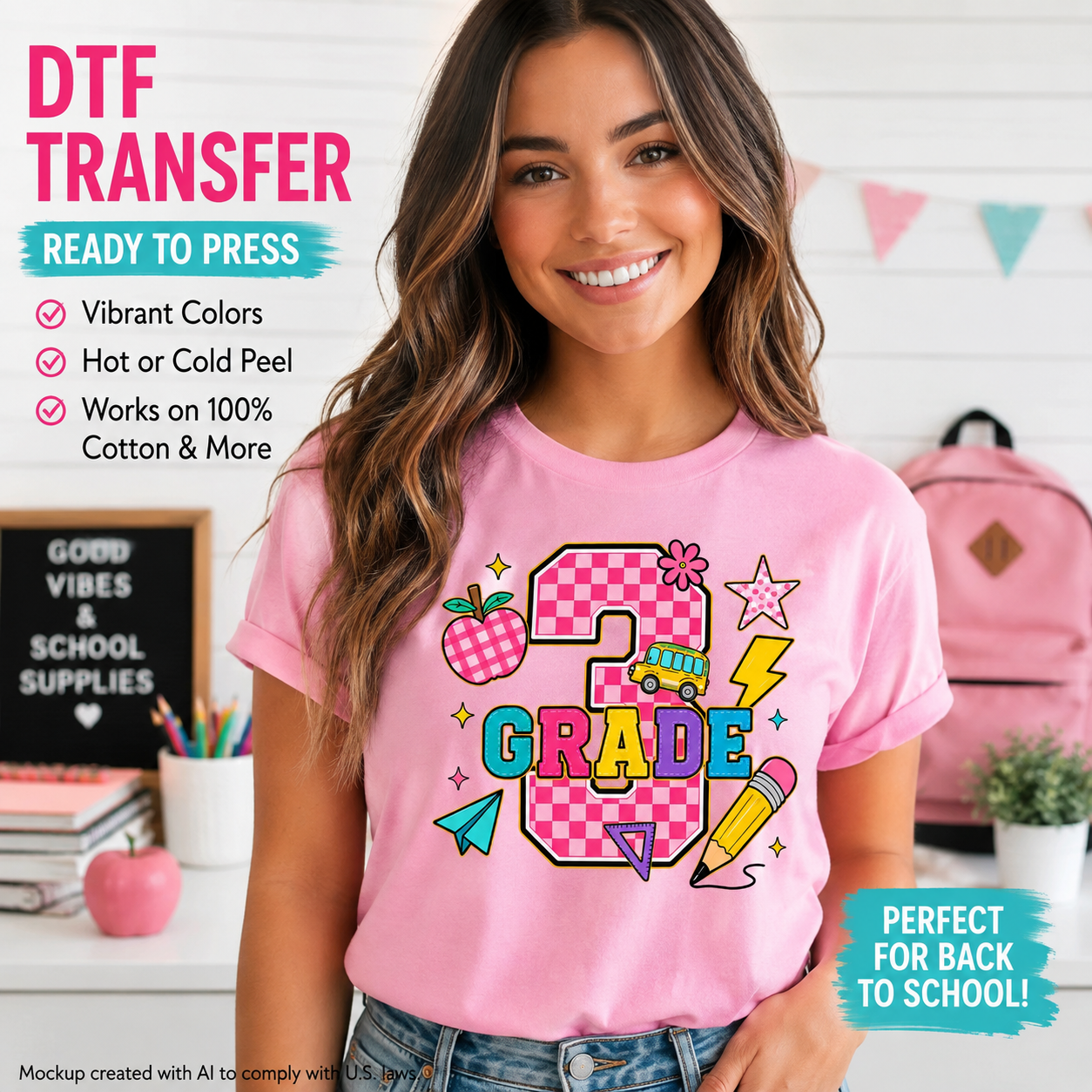 Woman wearing a pink T-shirt featuring a colorful Third Grade design with a pink checkered number 3, school bus, apple, pencil, stars, and school accents.