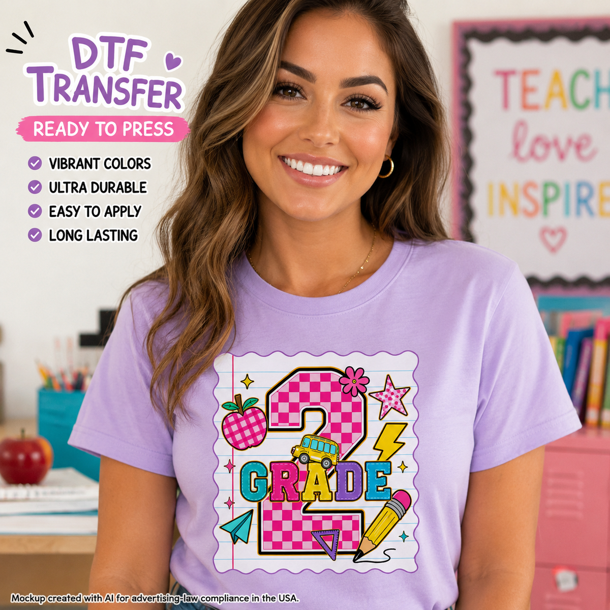 Woman wearing a lavender T-shirt featuring a colorful Second Grade design with a pink checkered number 2, school bus, apple, pencil, stars, and school accents.