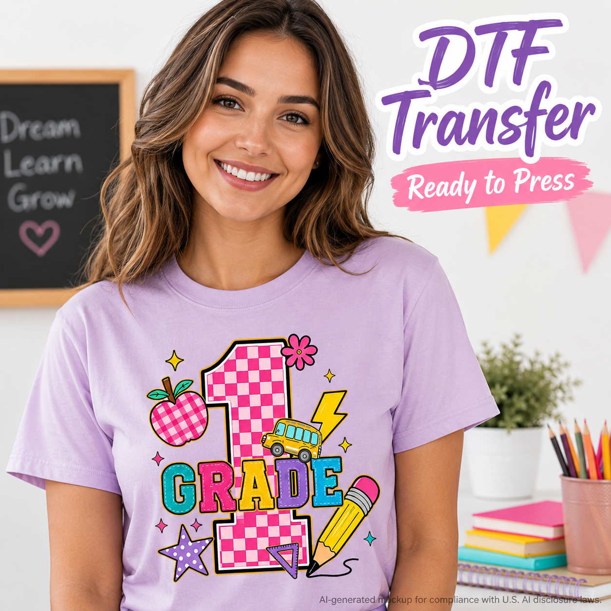 Woman wearing a lavender T-shirt featuring a colorful First Grade design with a pink checkered number 1, school bus, apple, pencil, stars, and school accents.