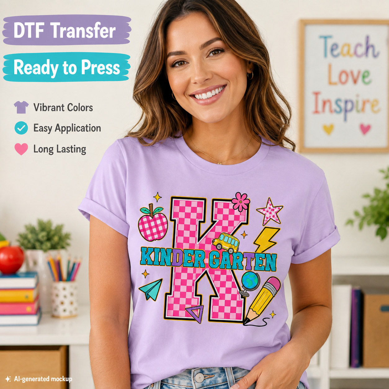 Woman wearing a lavender T-shirt featuring a colorful Kindergarten design with a pink checkered letter K, school bus, apple, globe, pencil, stars, and school accents.
