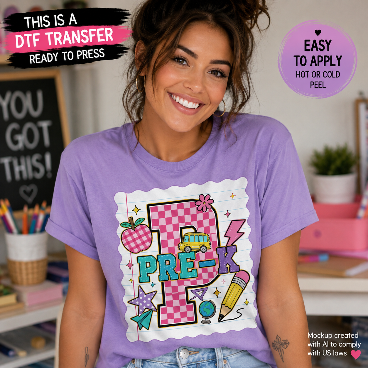 Woman wearing a purple T-shirt featuring a colorful Pre-K design with a pink checkered letter P, school bus, apple, globe, pencil, stars, and school accents.