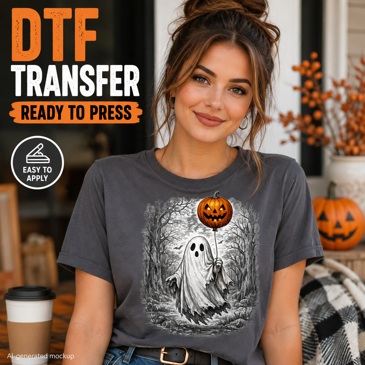 Woman wearing a charcoal T-shirt featuring a vintage white ghost holding a glowing jack-o’-lantern pumpkin balloon in a spooky forest scene.