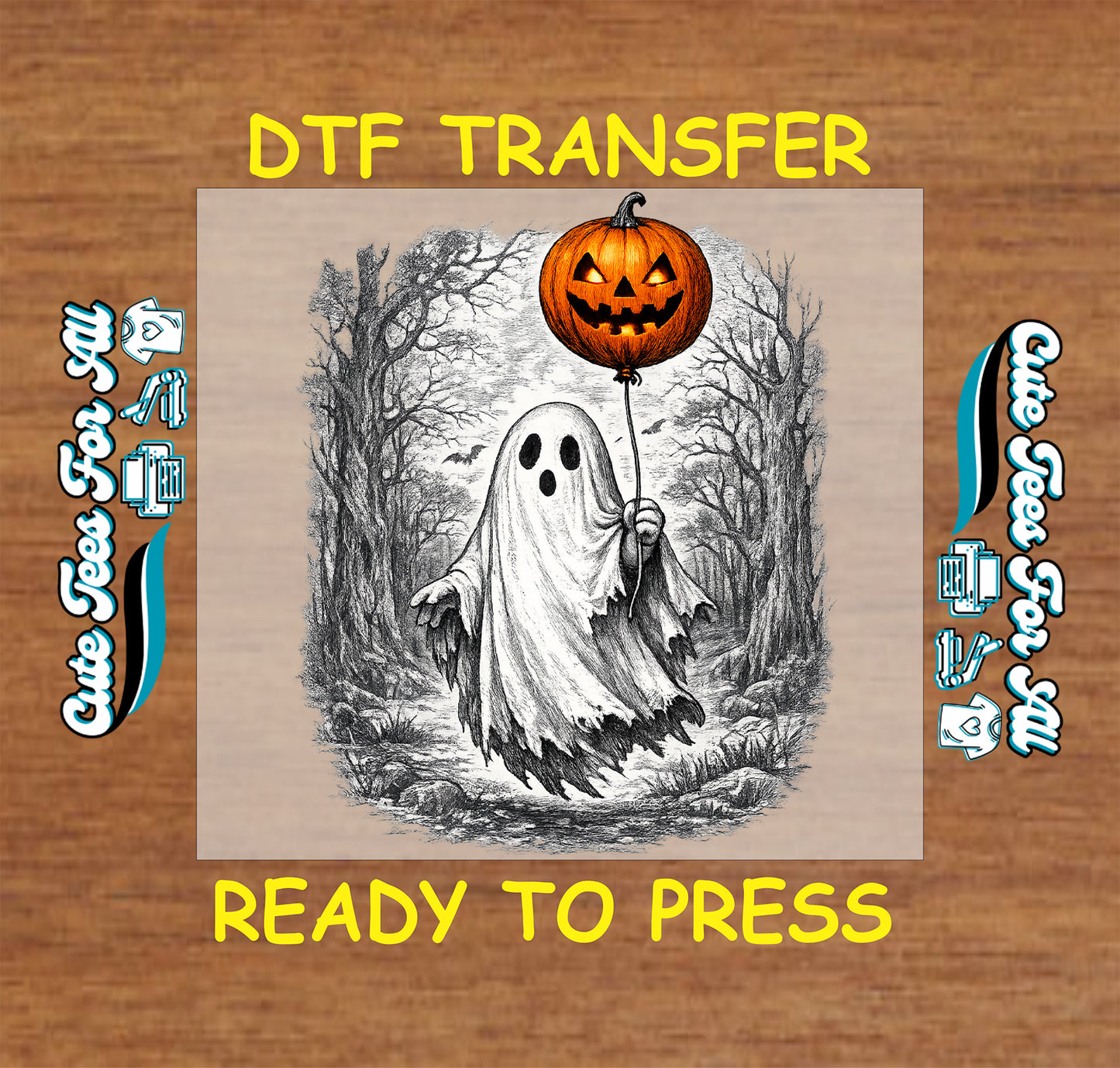 Halloween DTF transfer featuring a white ghost holding a jack-o’-lantern pumpkin balloon in a detailed haunted forest design.