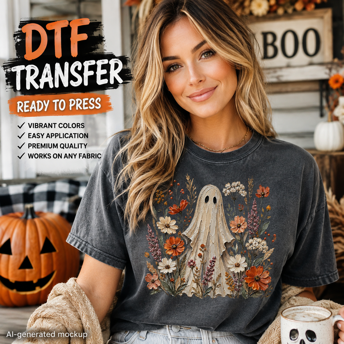 Woman wearing a charcoal T-shirt featuring a vintage white ghost surrounded by orange, cream, and neutral fall flowers.
