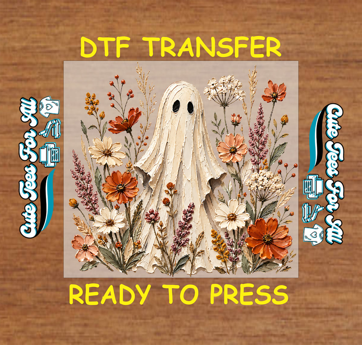 Floral ghost Halloween DTF transfer featuring a white ghost surrounded by warm orange, cream, and botanical fall flowers.