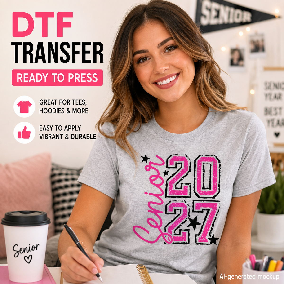 Woman wearing a gray T-shirt featuring a pink Senior 2027 graduation design with varsity-style numbers, black outlines, script lettering, and star accents.
