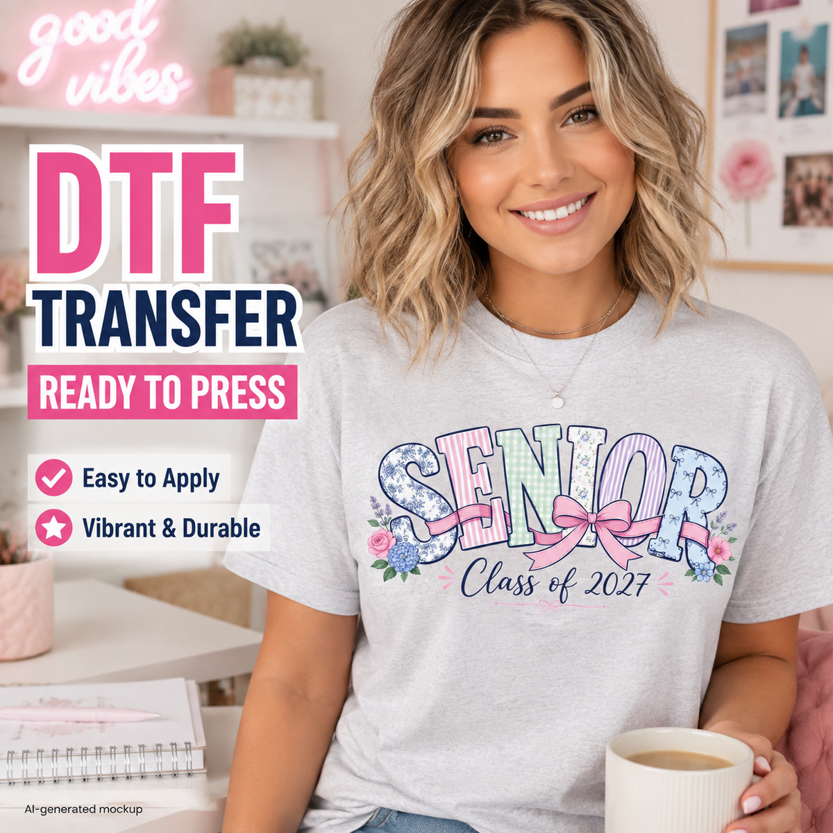 Woman wearing a gray T-shirt featuring a pastel Senior Class of 2027 graduation design with patterned letters, pink bow, and floral accents.
