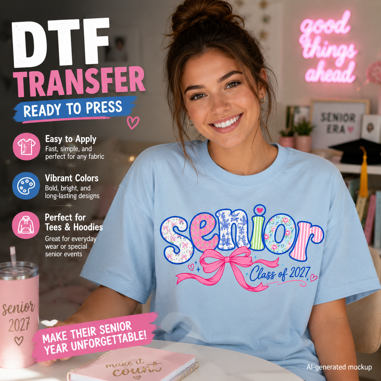 Woman wearing a light blue T-shirt featuring a colorful Senior Class of 2027 graduation design with patterned lettering and a large pink bow.