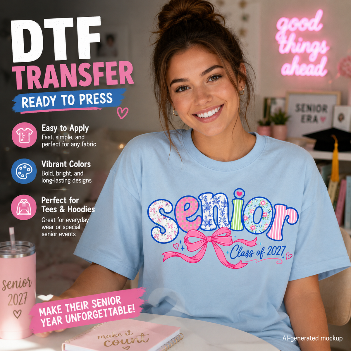 Woman wearing a light blue T-shirt featuring a colorful Senior Class of 2027 graduation design with patterned lettering and a large pink bow.