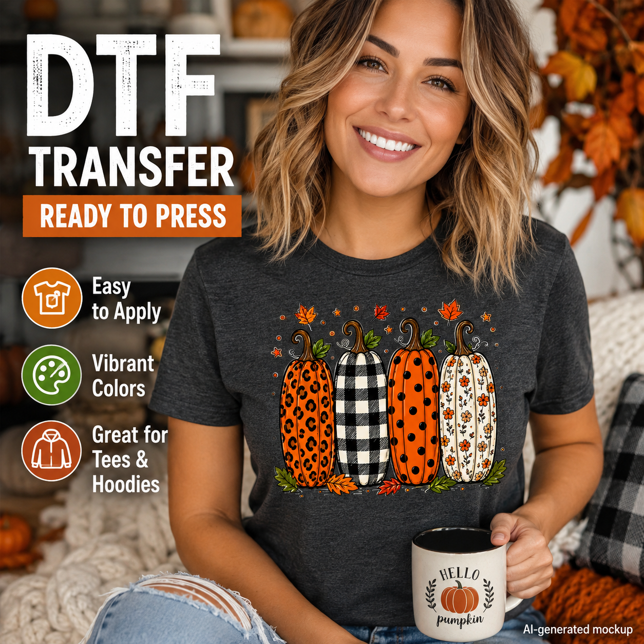 Woman wearing a charcoal T-shirt featuring four fall pumpkins with leopard print, buffalo plaid, polka dots, and floral patterns.
