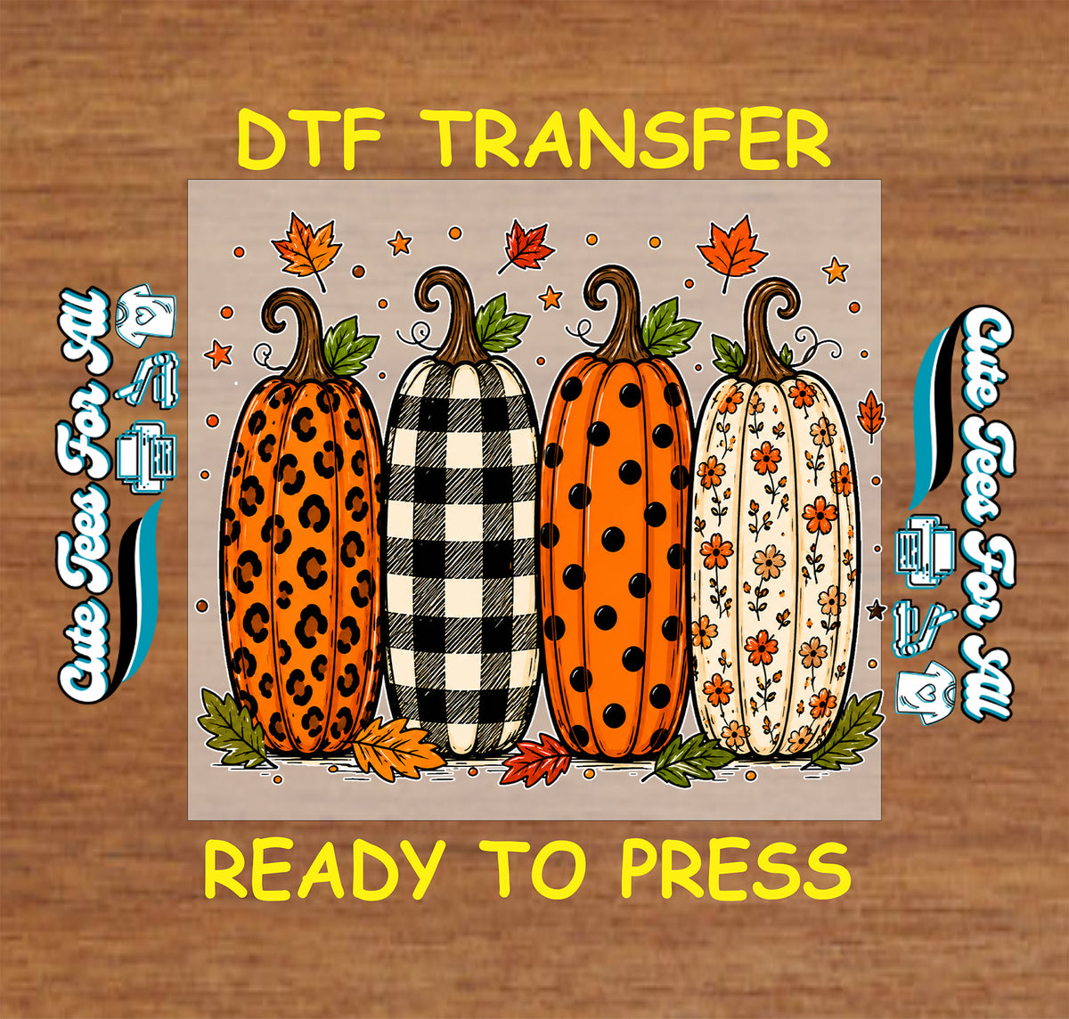 Fall pumpkin DTF transfer featuring leopard print, black-and-white buffalo plaid, orange polka dot, and floral patterned pumpkins.