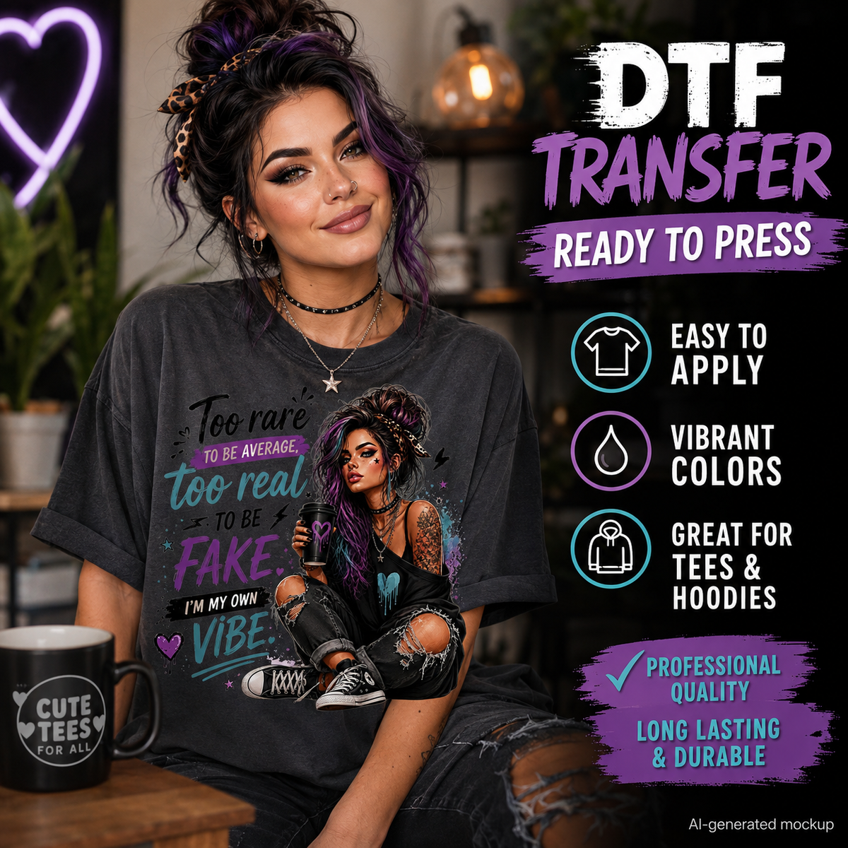 Woman wearing a charcoal T-shirt featuring an edgy alternative girl design with purple and teal accents and the quote Too Rare to Be Average.