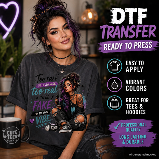 Woman wearing a charcoal T-shirt featuring an edgy alternative girl design with purple and teal accents and the quote Too Rare to Be Average.