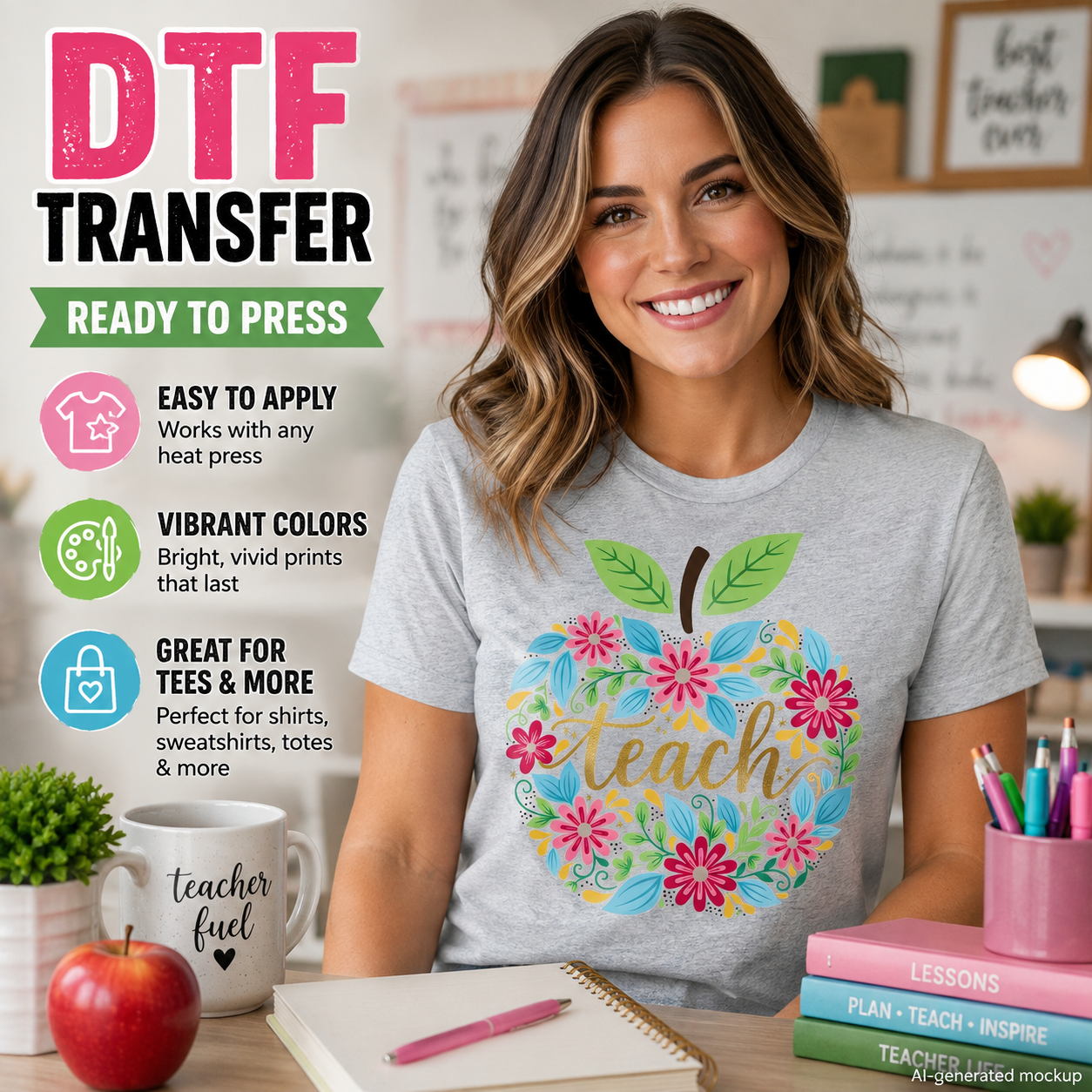 Woman wearing a gray T-shirt featuring a colorful floral apple teacher design with pink flowers, blue leaves, and gold Teach lettering.