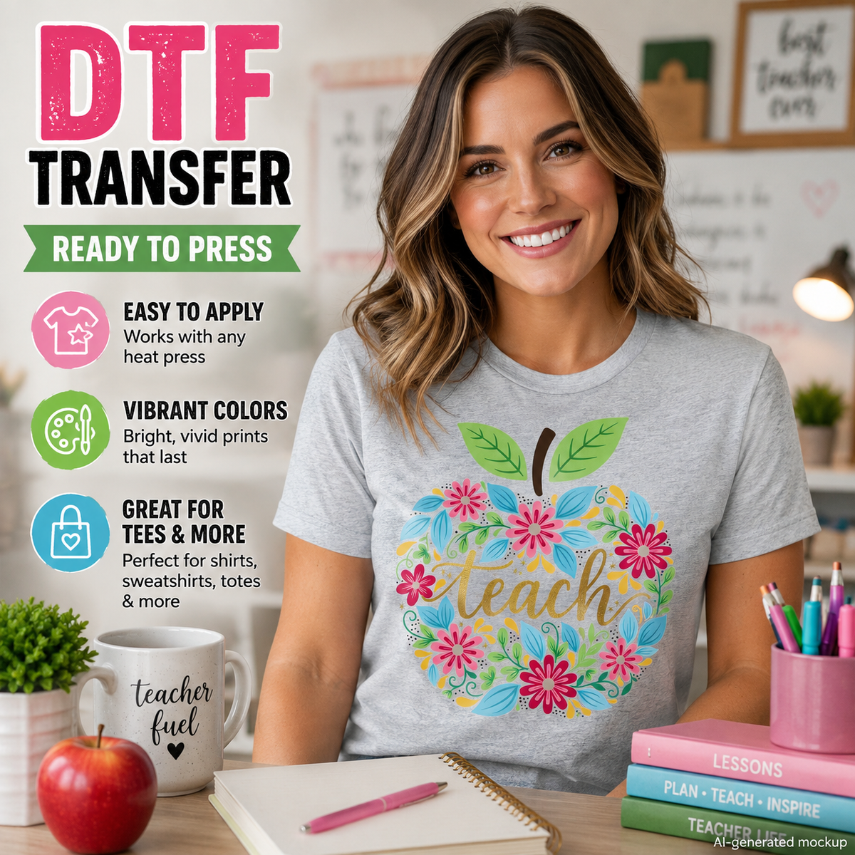 Woman wearing a gray T-shirt featuring a colorful floral apple teacher design with pink flowers, blue leaves, and gold Teach lettering.