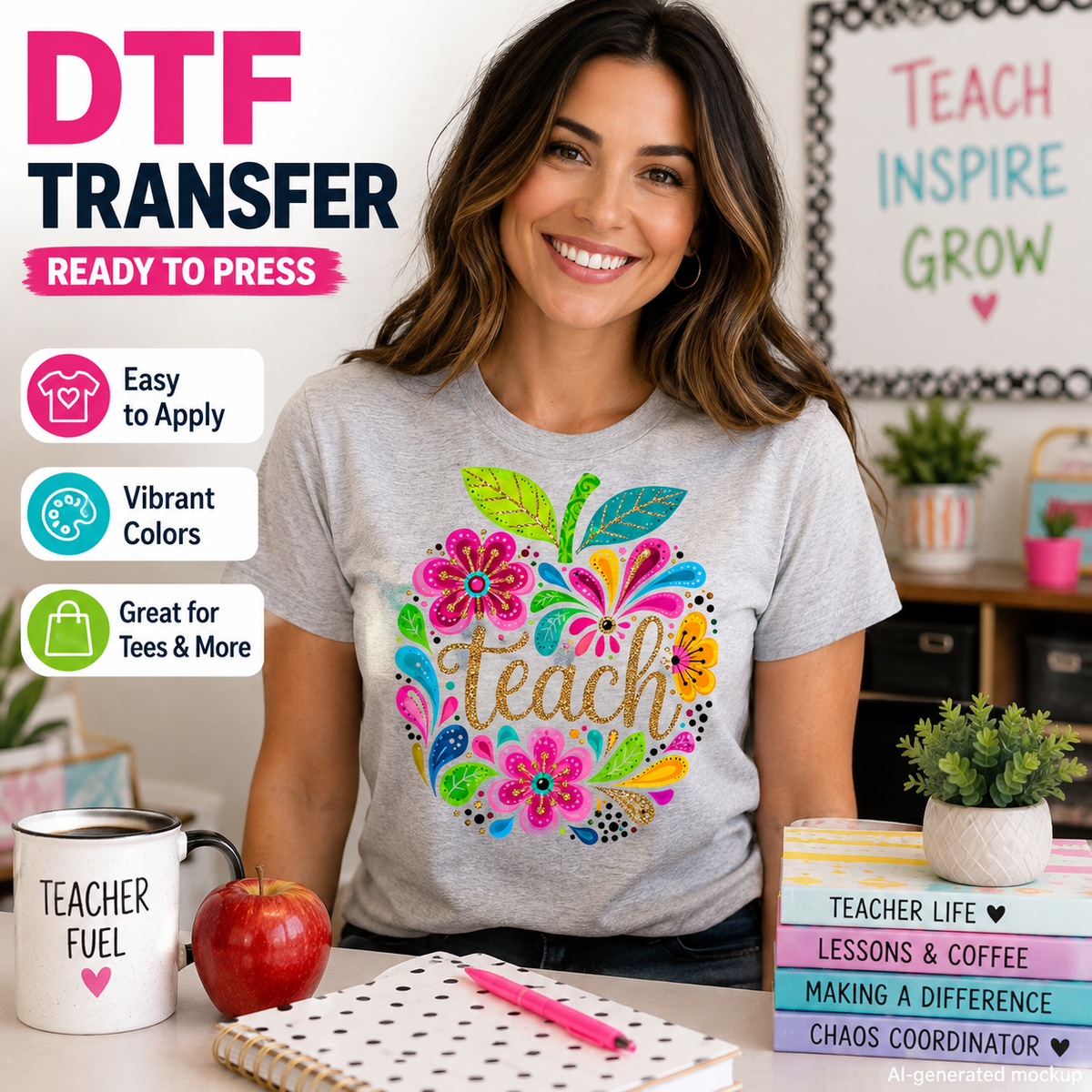 Woman wearing a gray T-shirt featuring a colorful floral apple design with bright flowers, decorative leaves, and gold Teach lettering.