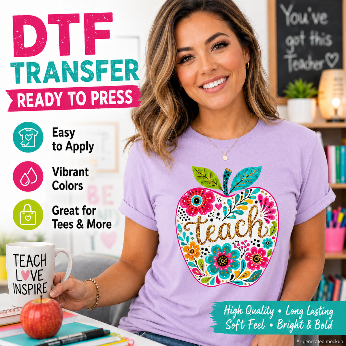 Woman wearing a lavender T-shirt featuring a colorful floral apple teacher design with bright flowers, decorative leaves, and gold Teach lettering.