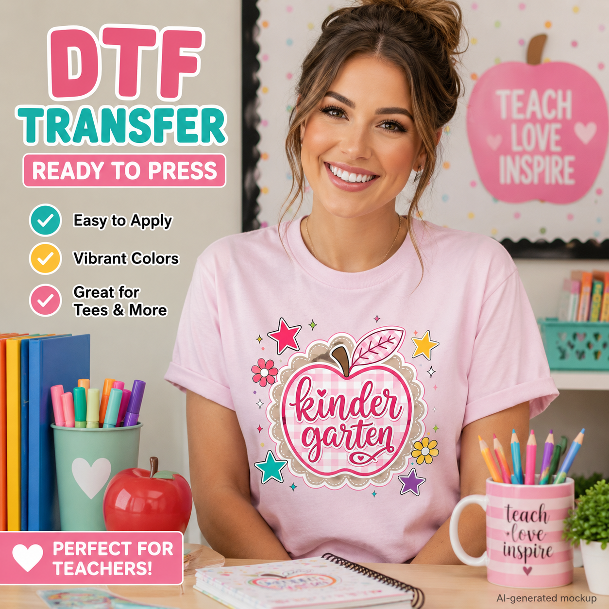 Woman wearing a pink T-shirt featuring a Kindergarten design with a pink gingham apple, script lettering, colorful stars, and flowers.