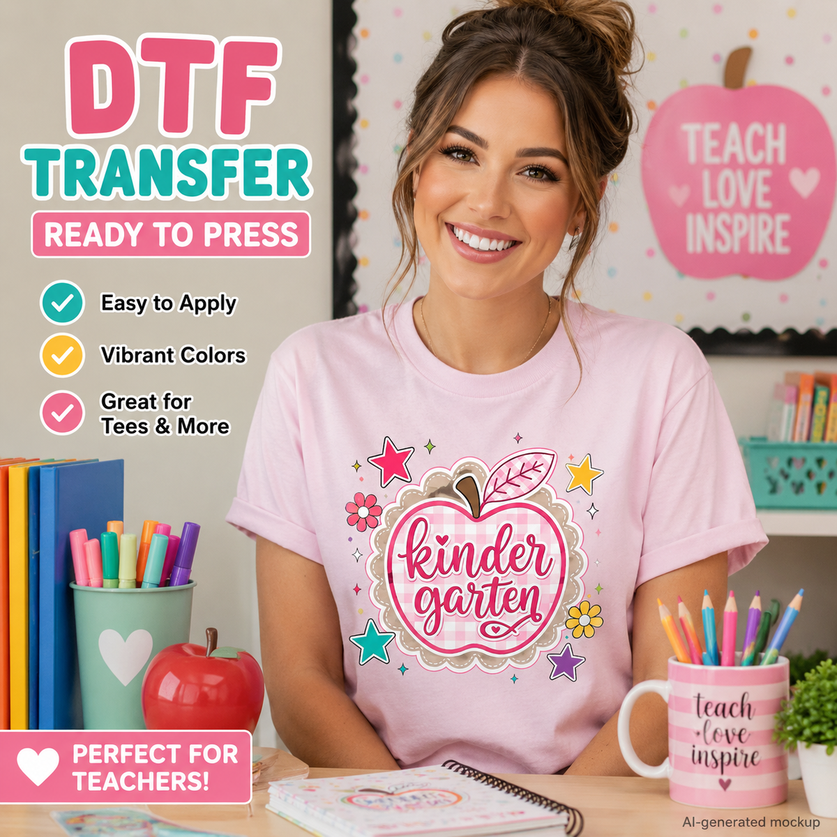 Woman wearing a pink T-shirt featuring a Kindergarten design with a pink gingham apple, script lettering, colorful stars, and flowers.
