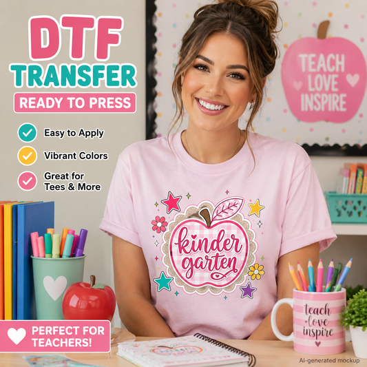 Woman wearing a pink T-shirt featuring a Kindergarten design with a pink gingham apple, script lettering, colorful stars, and flowers.