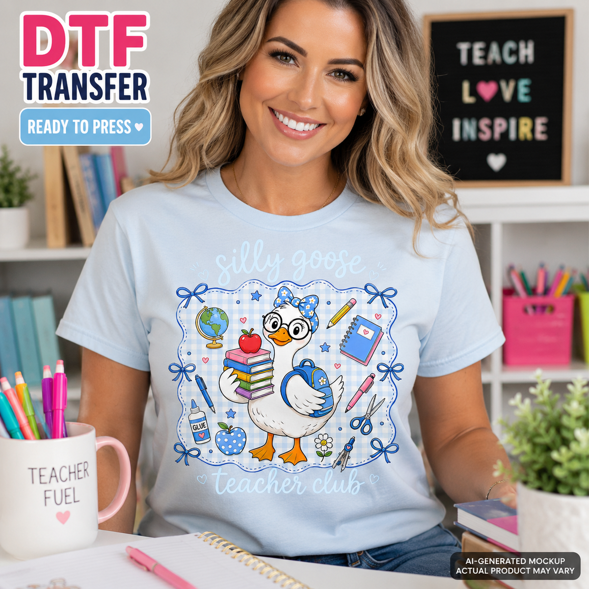Woman wearing a light blue T-shirt featuring a Silly Goose Teacher Club design with a cute goose, books, backpack, apple, globe, and classroom supplies.
