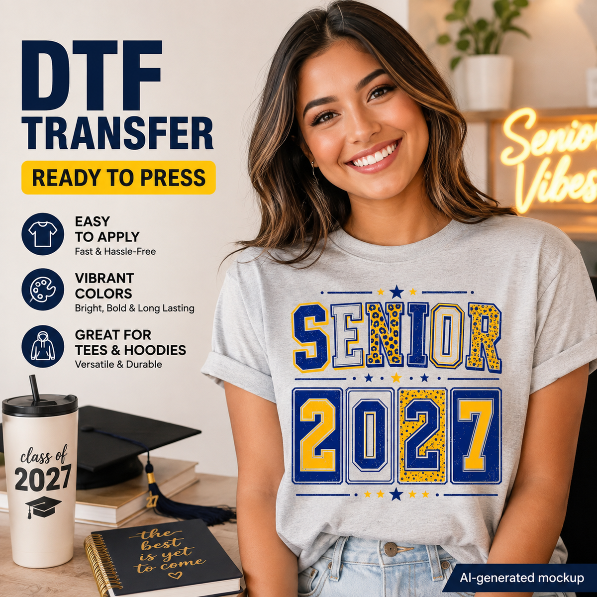 Woman wearing a gray T-shirt featuring a blue and gold Senior 2027 graduation design with varsity lettering, leopard-print accents, and stars.