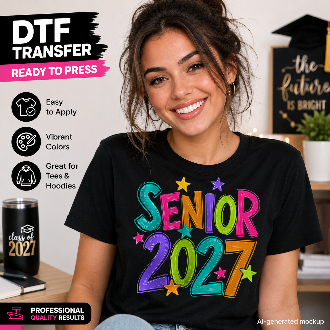Woman wearing a black T-shirt featuring a colorful Senior 2027 graduation design with bright multicolor lettering, numbers, and star accents.