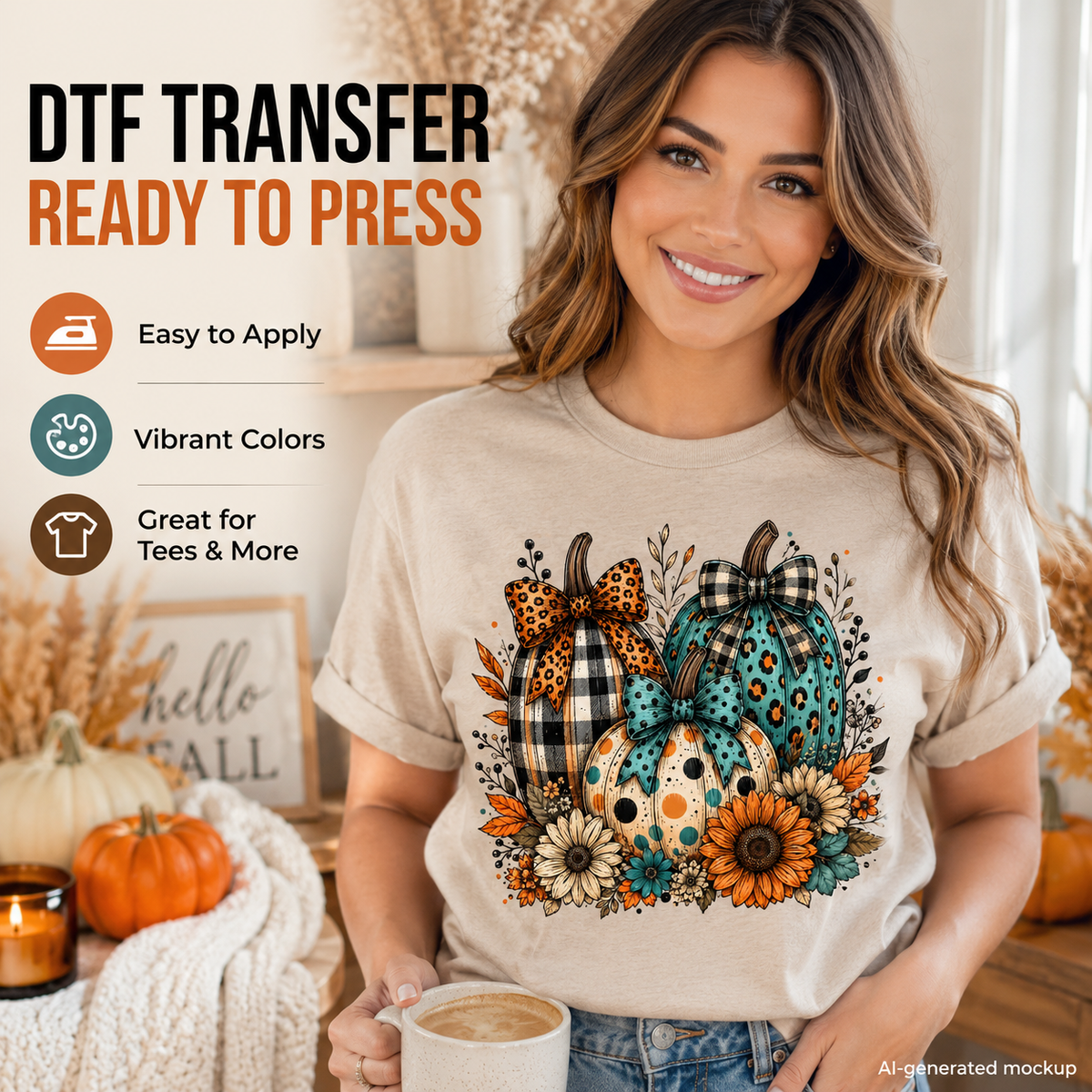 Woman wearing a cream T-shirt featuring three patterned fall pumpkins with leopard print, plaid, teal accents, bows, sunflowers, and autumn flowers.