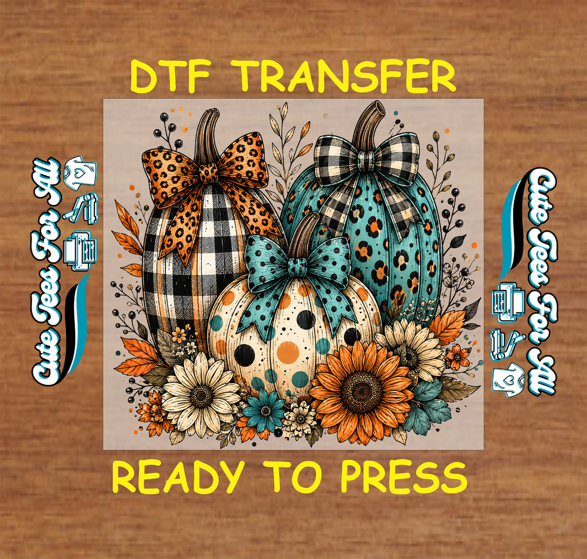 Fall pumpkin DTF transfer featuring leopard, plaid, teal, and polka dot pumpkins with bows, sunflowers, flowers, and autumn leaves.