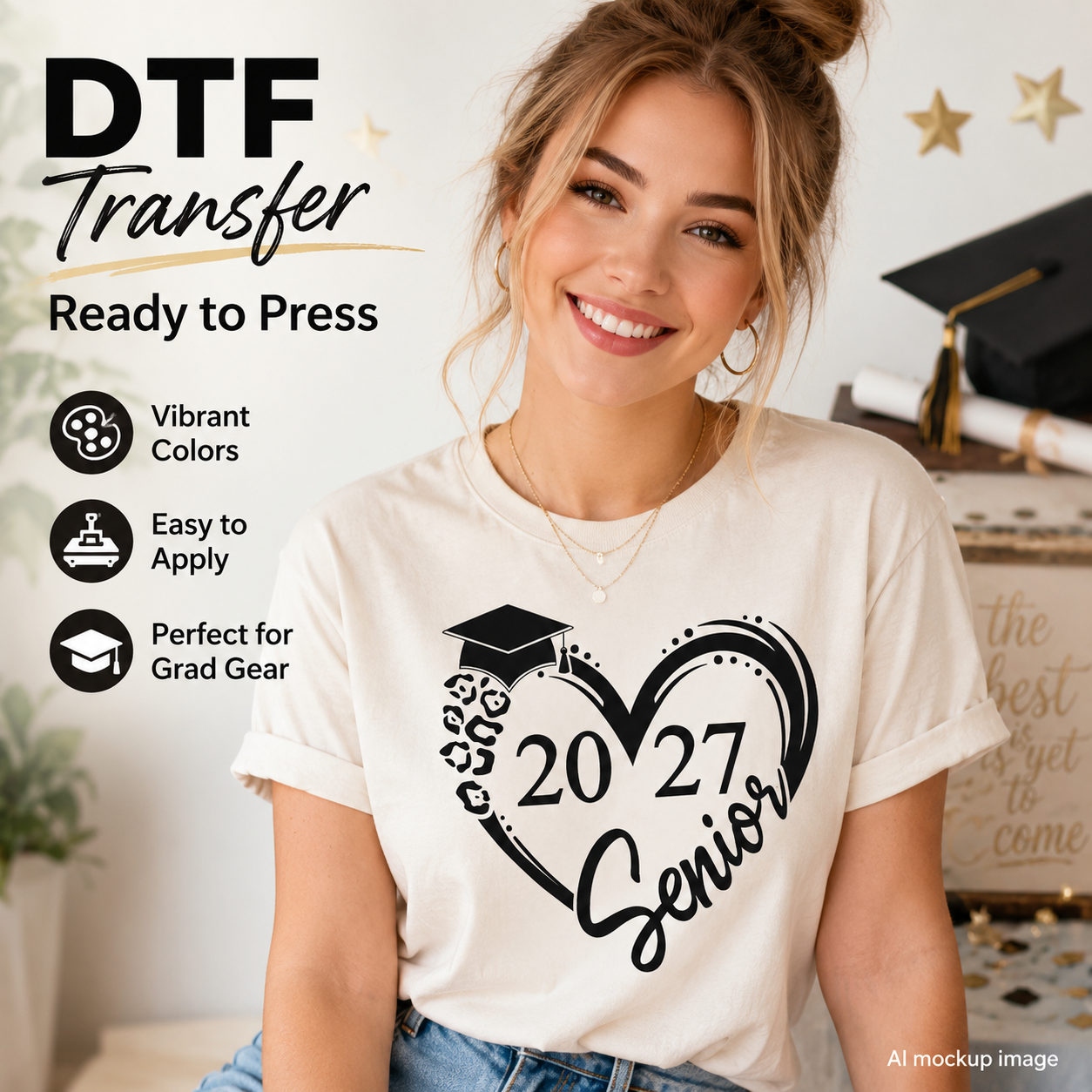 Woman wearing a cream T-shirt featuring a black Senior 2027 heart graduation design with a graduation cap, leopard-print accent, and script lettering.