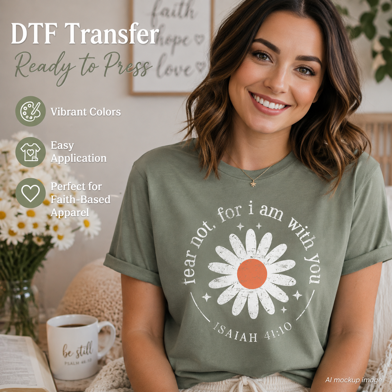Woman wearing a sage green T-shirt featuring a distressed white daisy and the Bible verse Fear Not for I Am With You, Isaiah 41:10.