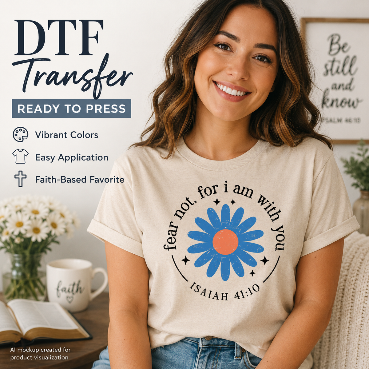 Woman wearing a cream T-shirt featuring a blue daisy with orange center and the Bible verse Fear Not for I Am With You, Isaiah 41:10.