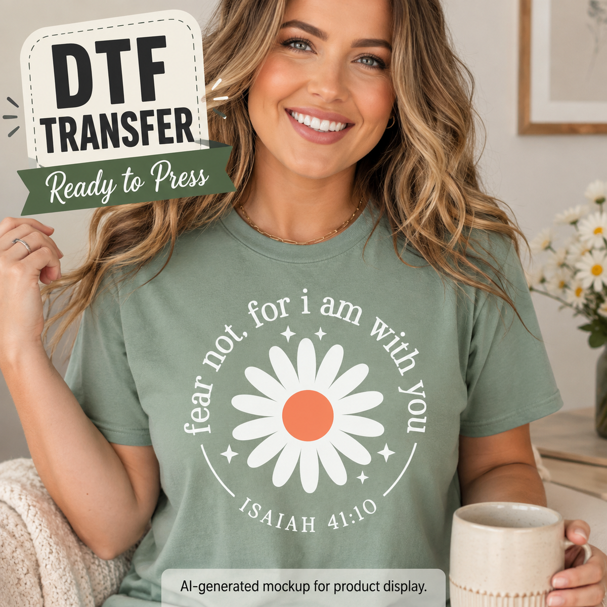 Woman wearing a sage green T-shirt featuring a white daisy with orange center and the Bible verse Fear Not for I Am With You, Isaiah 41:10.