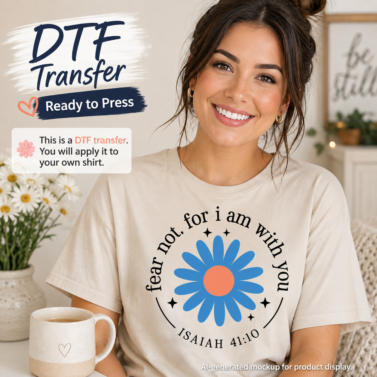 A smiling woman seated indoors wearing a cream T-shirt with a DTF transfer graphic. The transfer design shows a blue flower with an orange center and the text 'fear not, for i am with you ISAIAH 41:10.