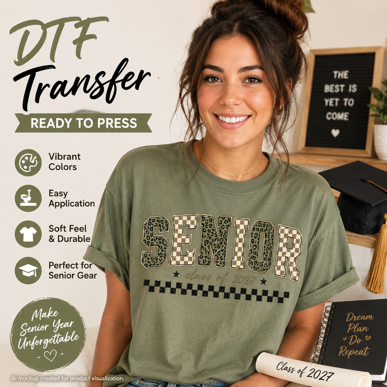 Woman wearing an olive green T-shirt featuring a Senior Class of 2027 graduation design with leopard print, checkerboard lettering, and star accents.