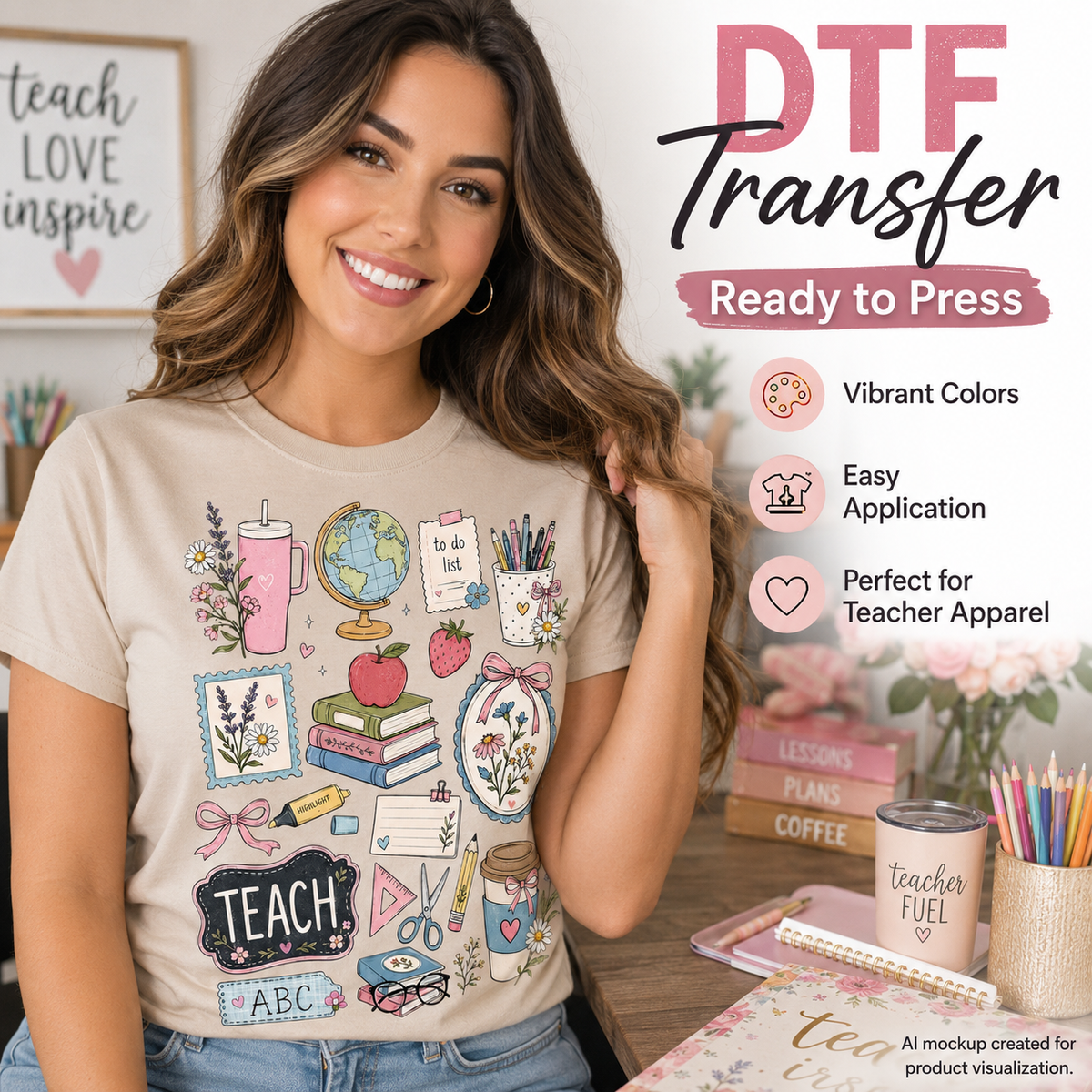 Woman wearing a cream T-shirt featuring a colorful teacher collage with books, apple, globe, pencils, flowers, bows, coffee, scissors, and school supplies.